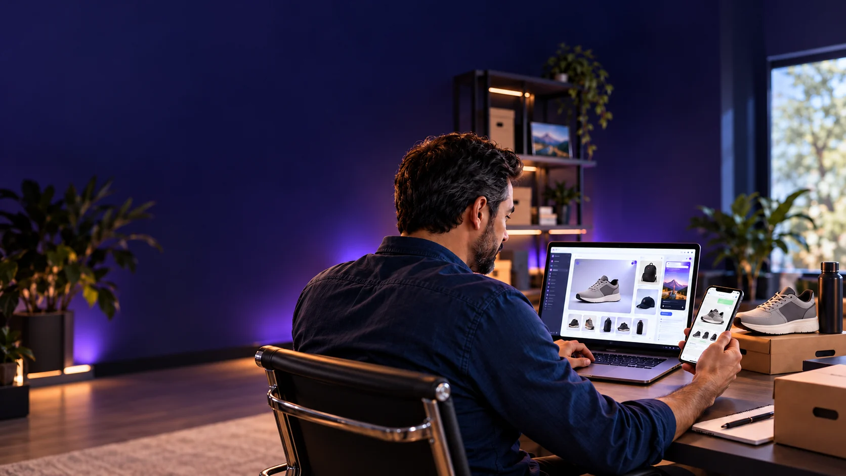 Imagen de campaña: una persona trabajando con notebook y teléfono en un entorno violeta